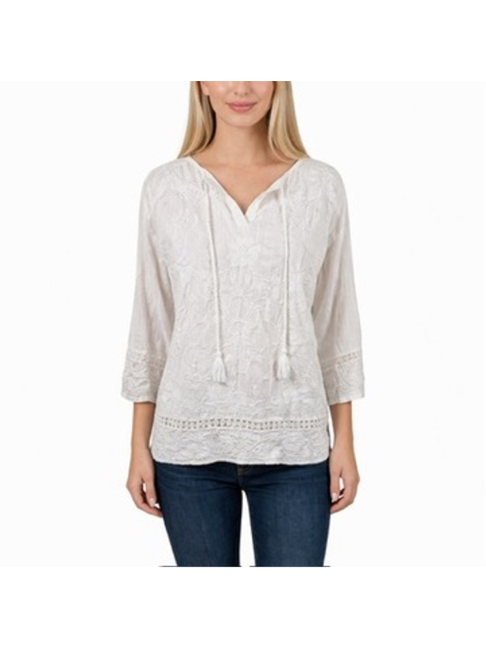 Chicos White Embroidered 3/4 Sleeve Top XL Tassel Tie Neck Boho Peasant Size 3